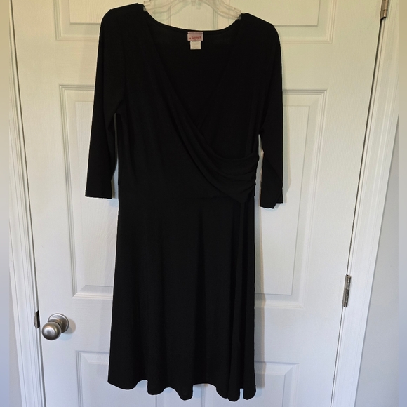 SUNNY USA BLACK WRAP STYLE A-LINE DRESS - Picture 2 of 6